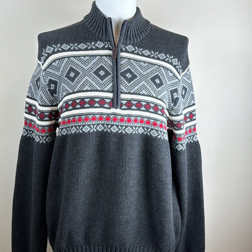 Izod Men’s Sweater Small Cotton Blend Gray 1/4 Zip Waffle Knit Fair Isles Style